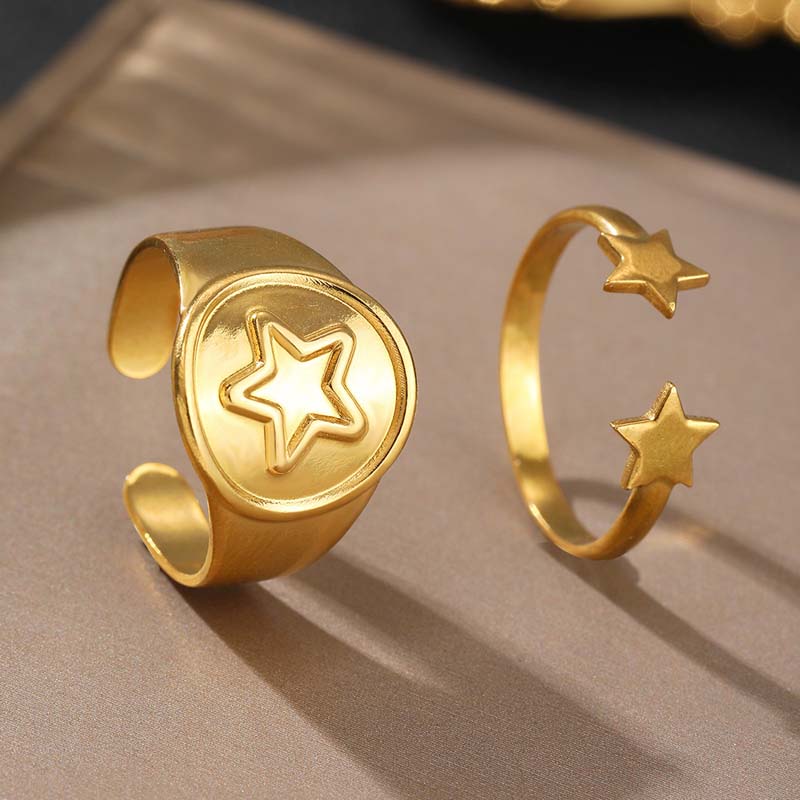 Stainless Steel Gold Color Pentagram Pattern Rings Set For Women Punk Metal Star Opening Adjustable Finger Ring Jewelry