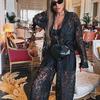 Women's Sheer Lace Lapel Long Sleeve Shirt High Waist Long Pants Sexy Two Piece Outfit Nightwear Set