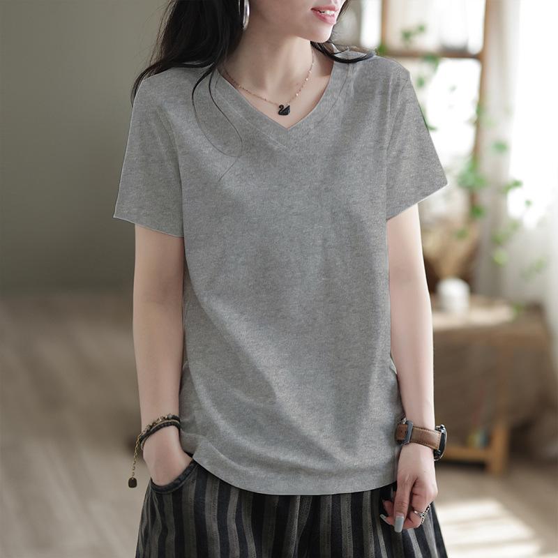 

Дофамин лето новый носить V-образный вырез надпись свободный большой размер прикрытие живота короткий рукав зарубежный стиль топ женский 4XL серый