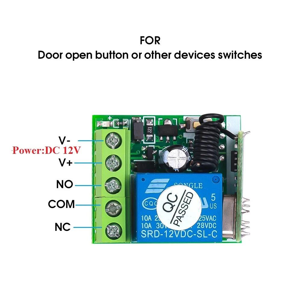 433Mhz Universal Gate Remote Control DC 12V 10A Relay Receiver Wireless Radio Frequency Learning Remote Control for Gate LED Garage Door
