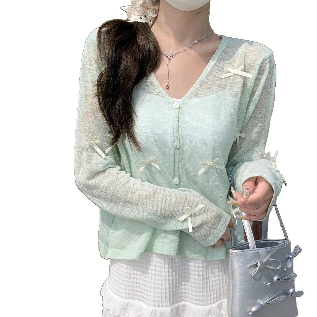 Summer Ice Silk Sun Protection Knit Cardigan Slimming Versatile Bow Thin Shawl Cover Up Spring Women Wear