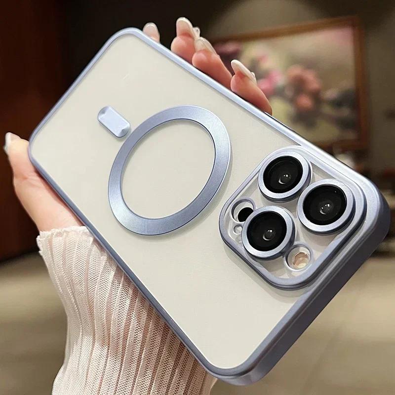 Luxury Frosted Style Magnetic Wireless Charge Case For iPhone 15 14 13 12 11 Pro Max Plus Fashion Plating Magsafe Bumper Cover