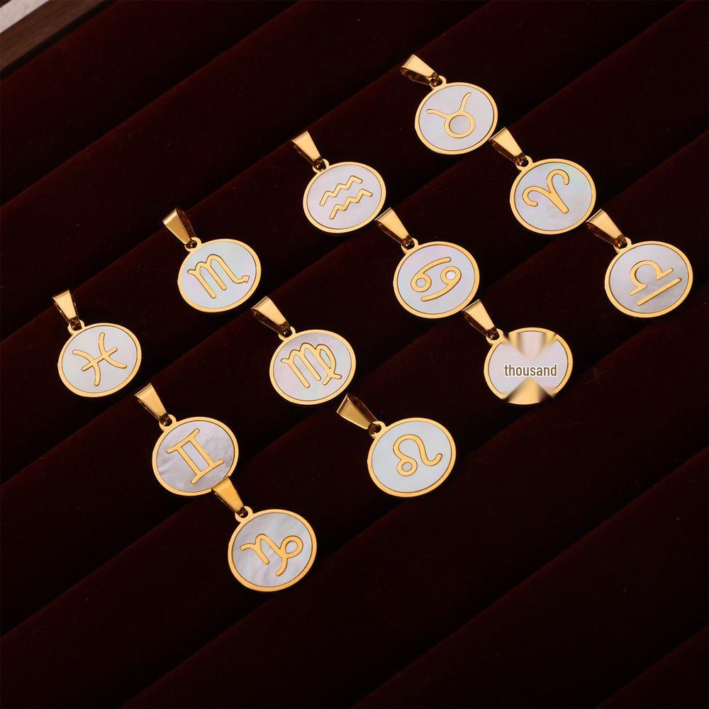 18K Gold Titanium Steel Constellation Pendant - Round, Versatile, Simple Design with Shell Accents, European and American Style Jewelry.