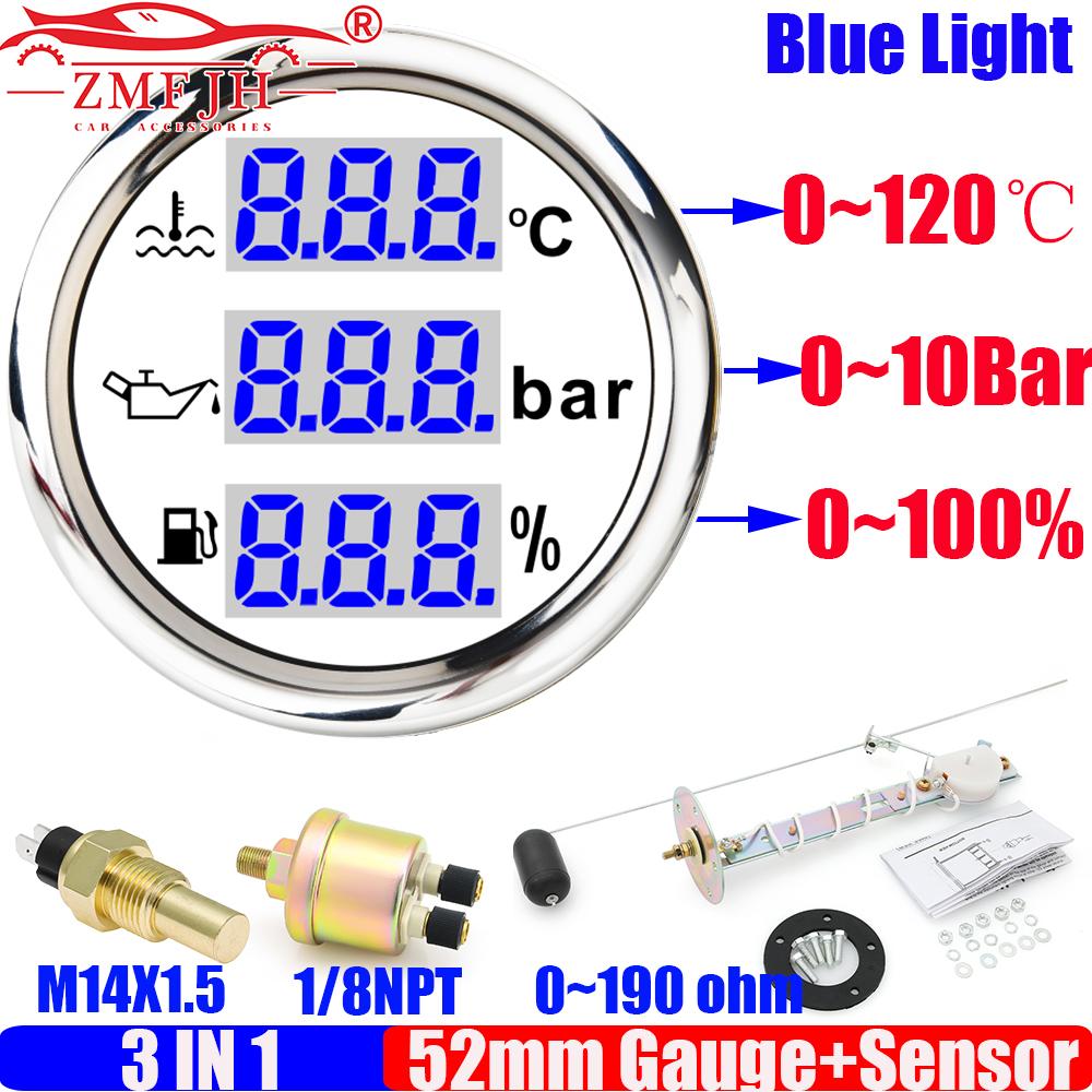 ZMFJH Blue LED Digital 3 IN 1 52MM Water Temperature Gauge+Oil Presssure+Fuel Gauge with Alarm Sensor Set for Car Boat 12V24V
