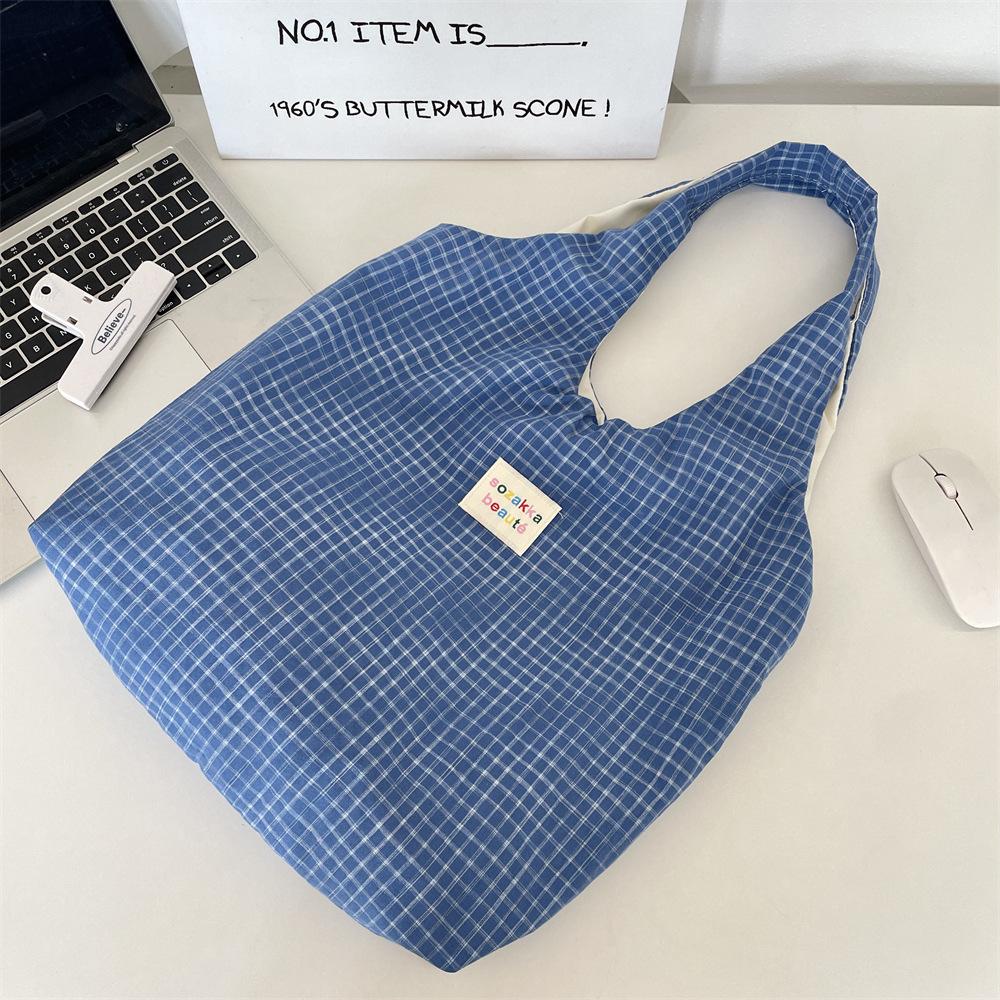 Retro Blue Grid Lazy Shoulder Shopping Bag Women Go Out Leisure Commuter Vest Bag Tote Bag