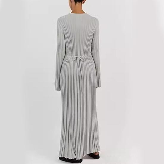 Women's Long Sleeve Ribbed Knitted Maxi Dress Crew Neck Bodycon Sweater Dress Elastic Slim Tie Waist Pencil Long Dress