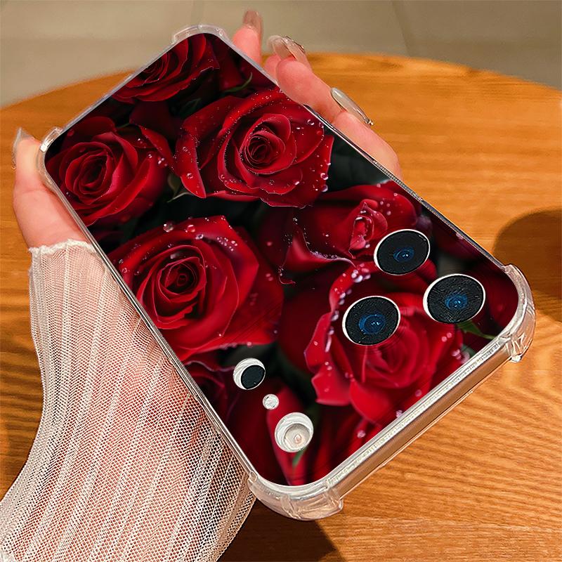 Scarlet Red Rose Flower Pattern Case For iPhone 17 Pro Max Coque iPhone 16 15 14 13 Pro Max 11 Shockproof Clear Soft Silicone Cover