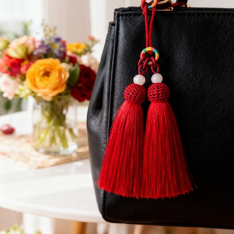 Versatile Keychain with Double Tassels Designs Polyester Silk Fringe with Loop for Keys Bags Decoration