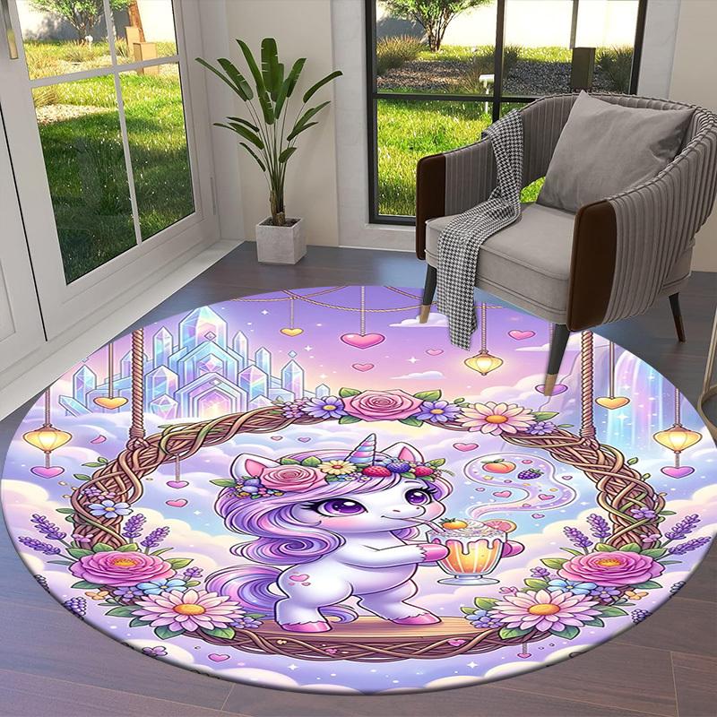 1PC Unicorn Flowers Non-Slip Floor Round Carpet, Office, Family, Bedroom, Large Area Rug Indoor Rugs, Durable PolyesterH0337