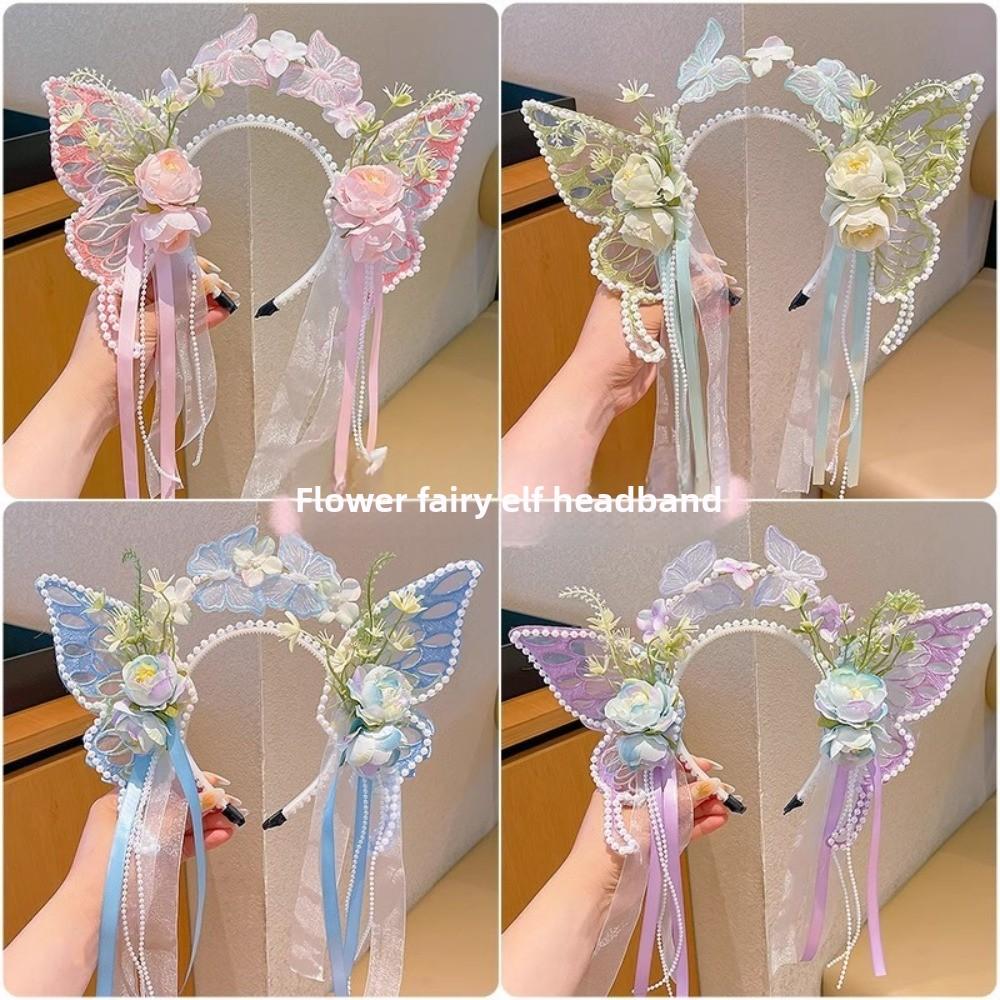 Fresh Sweet Butterfly Flowers Hairband Silk Ribbon Pearl Beads Floral Headwear Fairy Hair Jewelry Decorative Headwear Women Wear