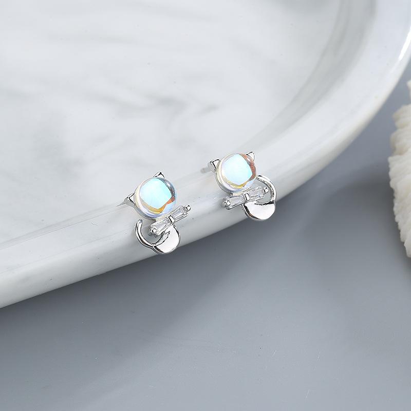 VENTFILLE Silver Gold Color Moon Cute Cat Earrings for Women's Pearl Moonstone Opal Jewelry Gift 925 Stamp Dropship Wholesale