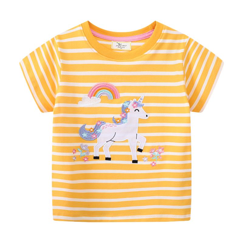 European Style Girls Cartoon Embroidered T-shirt - Round Neck, Short Sleeve, Summer 2026 6T (110-120CM)