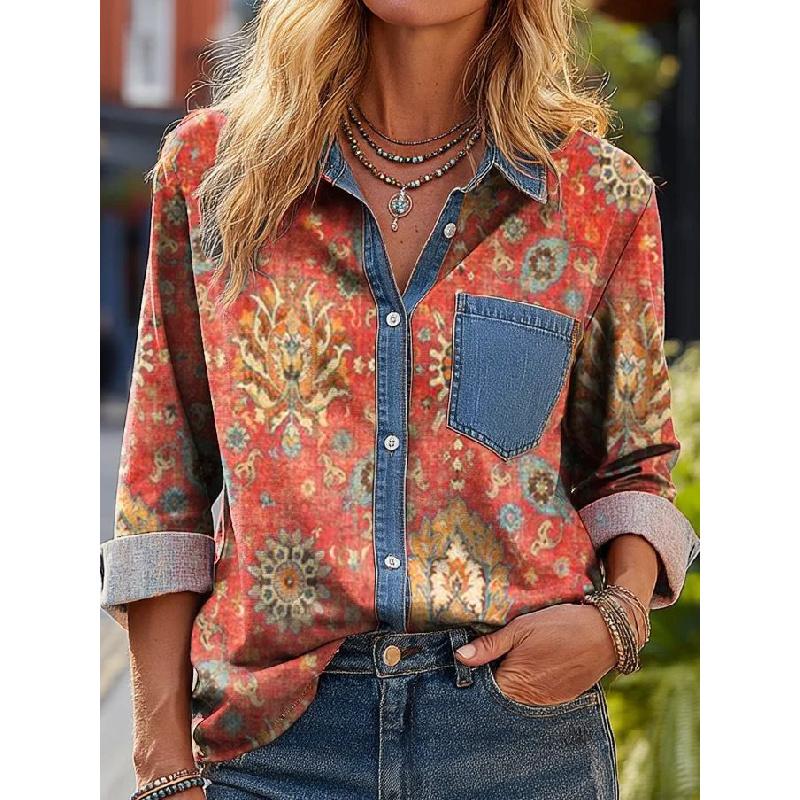 2026 Fashionable Versatile Printed Patchwork Women's Casual Long Sleeve Shirt 2026 Spring New Style