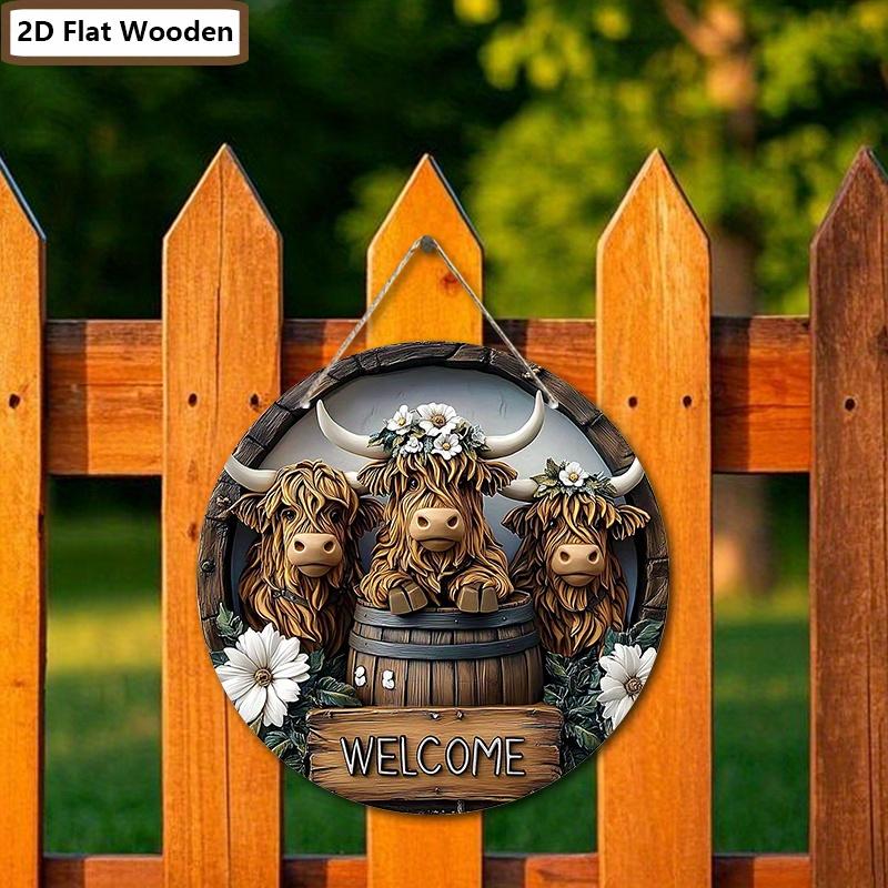 Retro Wooden Welcome Sign with Highland Cattle Design - Rustic Decorative Plaque for Farmhouse, Front Door, Herd Decorations