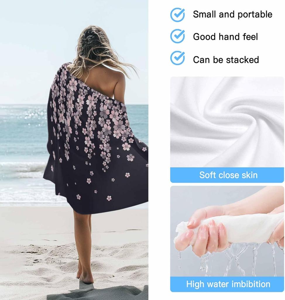 Oversized Beach Towel Spring Pink Cherry Blossoms Flower Soft Absorbent Quick-Dry Sand-Free Microfiber Towel for Travel/Surf