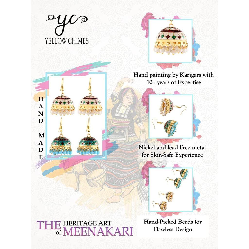 Örhängen för Kvinnor & Flickor Traditionella Flerfärgade Meenakari Jhumka | Förgyllt Set Örhänge | Kupolformade Jhumka Örhänge Combo