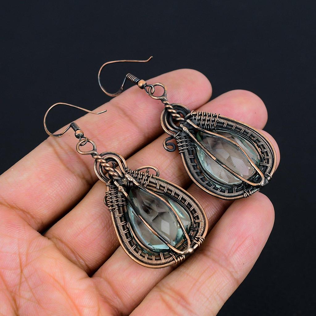 Aqua Apatite Earrings, 999 Copper Wire Wrapped Earrings Handmade Gemstone Jewelry, Gifts For Wife Brand New Earrings