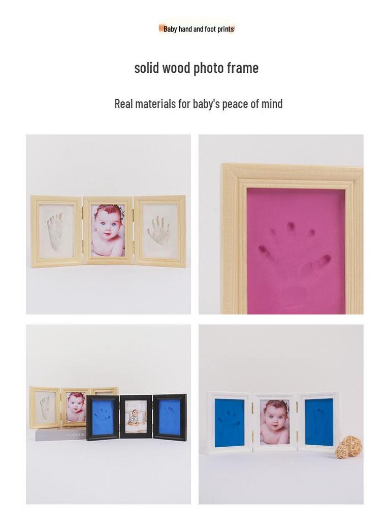 European Style Solid Wood Triple Photo Frame with Baby Hand & Footprint Ink Pad Souvenir