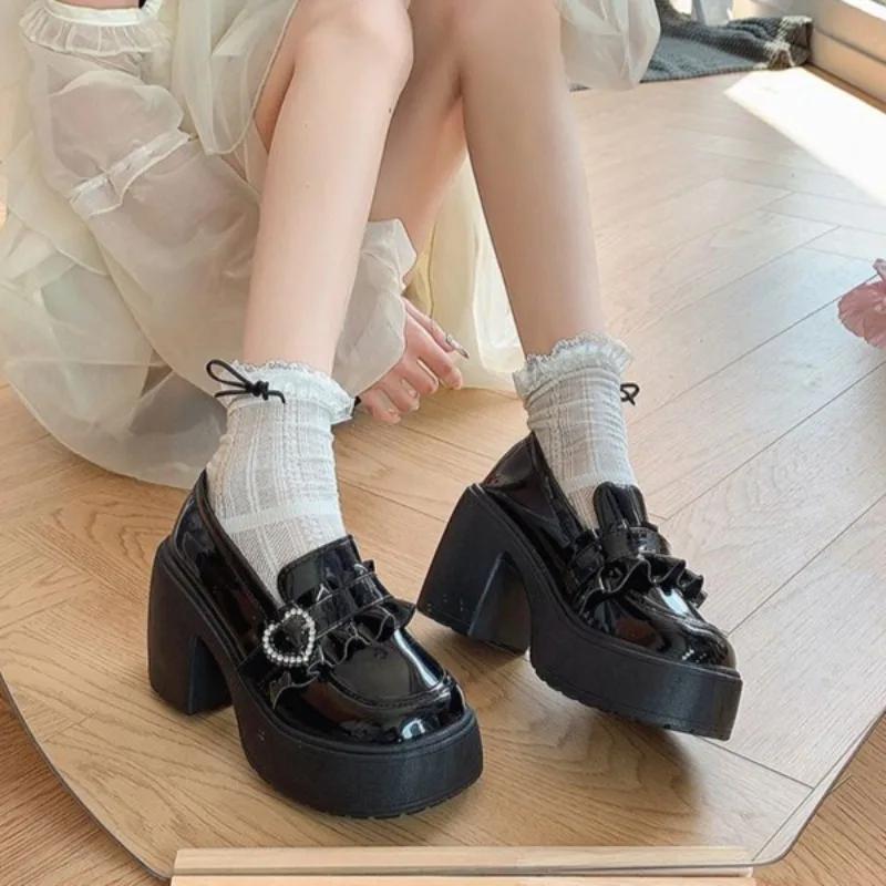 Loafers Block Heel Japanese Style Lolita on Heeled Pumps Mary Jane Round Toe High Heels Shoes for Women Chunky Woman Gothic Slip