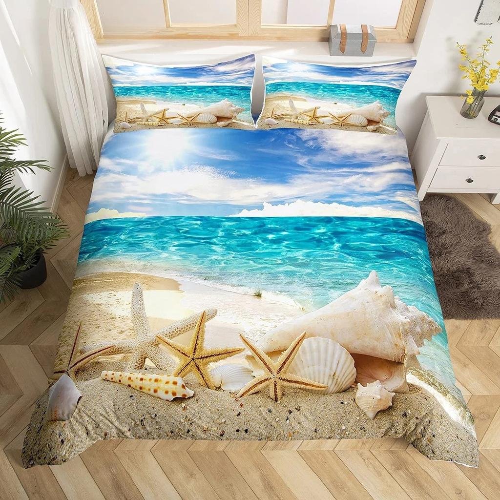 Summer Beach Duvet Cover Set Queen Ocean Bedding Set Hawaiian Palm Trees Marine Life Sea Waves Fish Printed Comforter Cover Set