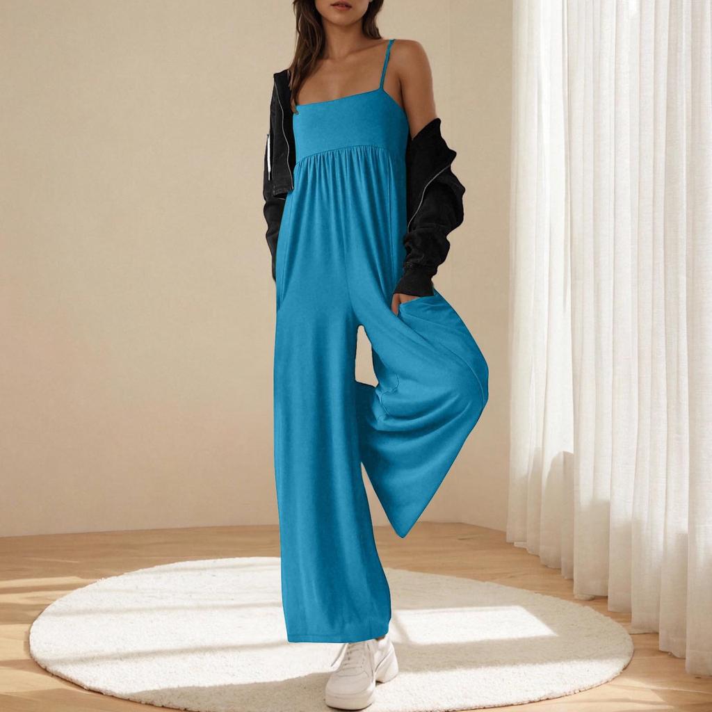 Women Casual Sleeveless Square Neck Backless High Waist Wide Leg Jumpsuit