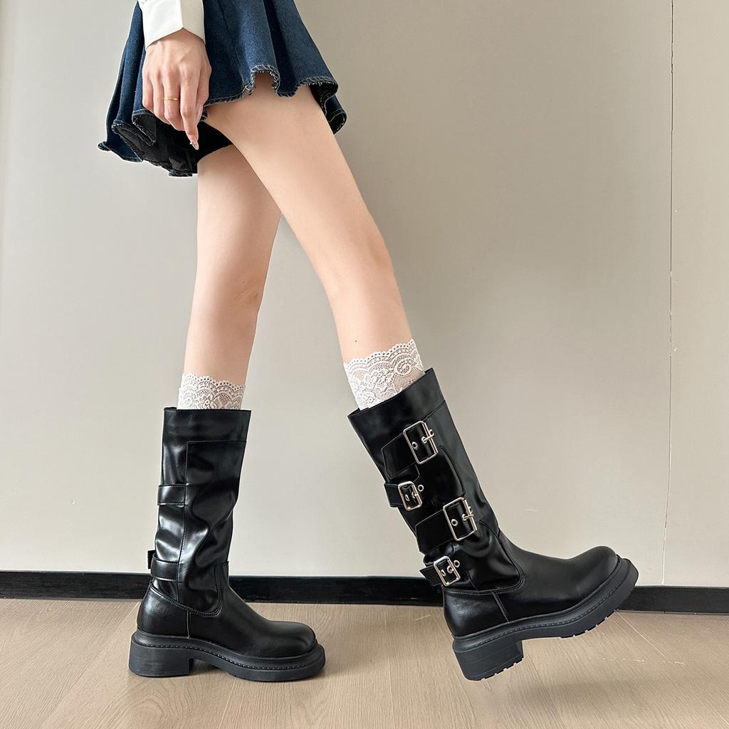 Cowhide version~ Genuine leather thick-soled medium boots women's autumn thick-heeled knight boots belt buckle Martin boots slim motorcycle boots