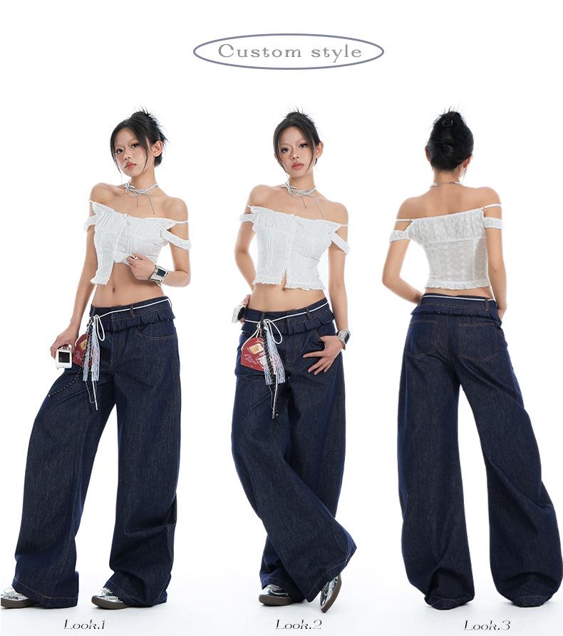 2025 Spring Women's Ruffle Edge Double Waist Saber Pants in Washed Spicy Street Style