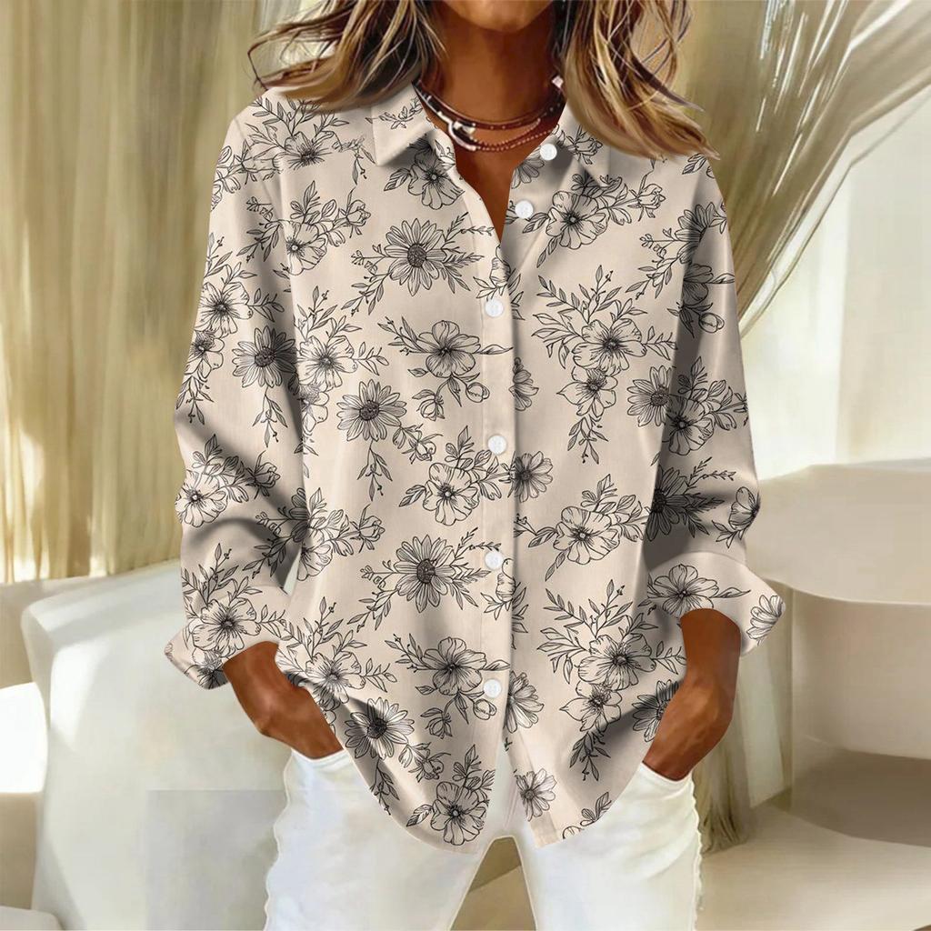 Damenhemd mit floralen Knöpfen, Langarm-Freizeit-Regular-Hemd Blusen Freizeit Übergröße Basic-Tops