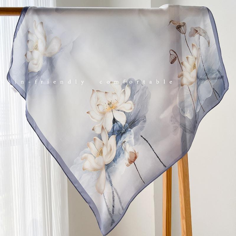Women S 100 Silk Square Scarf Summer Lotus Pattern Commuting Neckerchief Gift For Mom