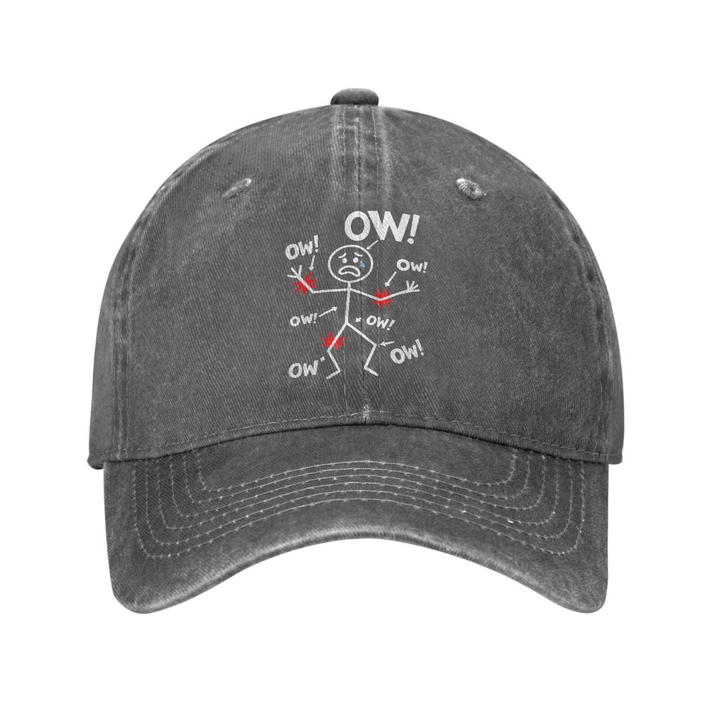 Ow Ow Ow Stick Figure Humor Baseball Caps Retro Distressed Denim Washed Chronic Pain Awareness Snapback Unisex Adjustable Hat