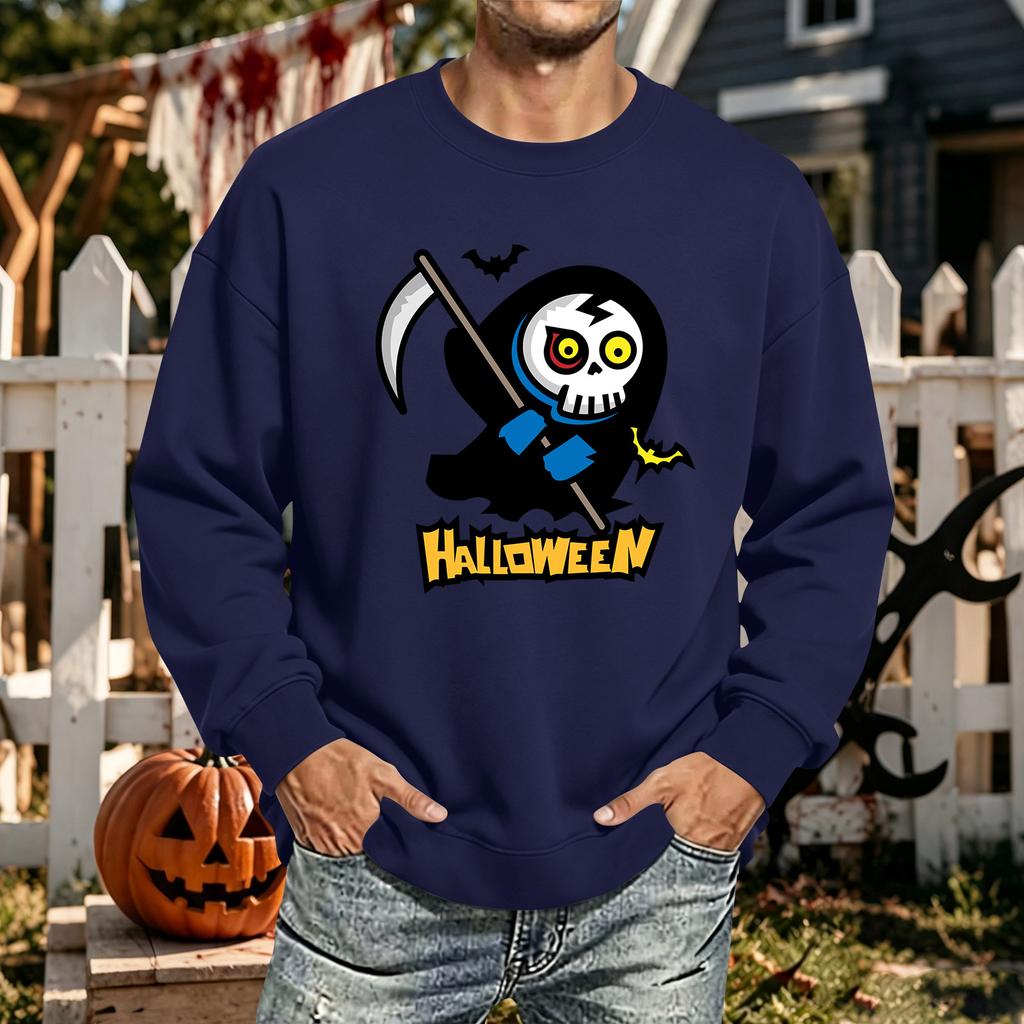 Men's Halloween Printed Long Sleeve T-Shirt Unisex Crewneck Casual Sports Top