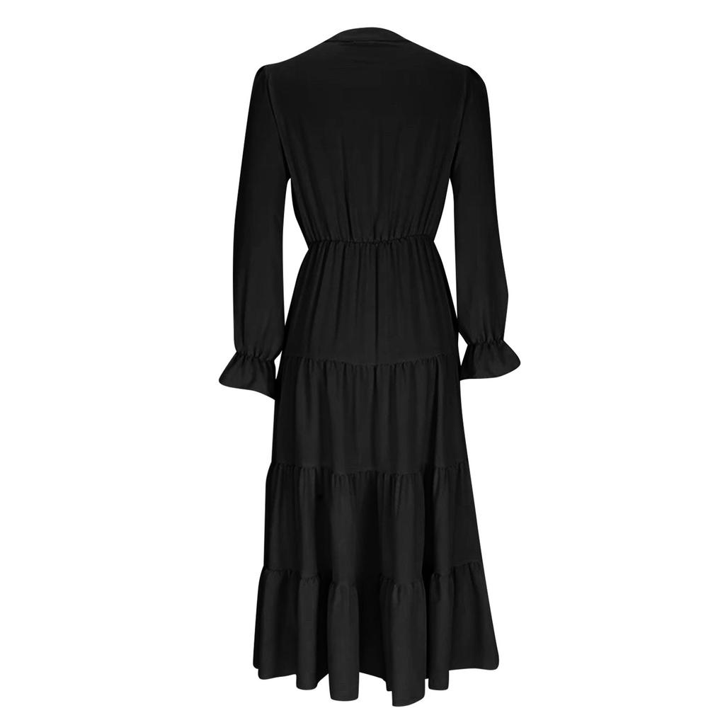 Women's Fashion Loose V-Neck Button High Waist Flowing Long Casual Dresses