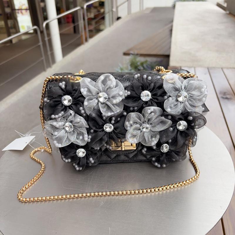 2025 Luxury Designer Women 3D Flower Diamonds Shoulder Crossbody Bag Brand Argyle Pattern Square Handbag Lattice Evening Bag