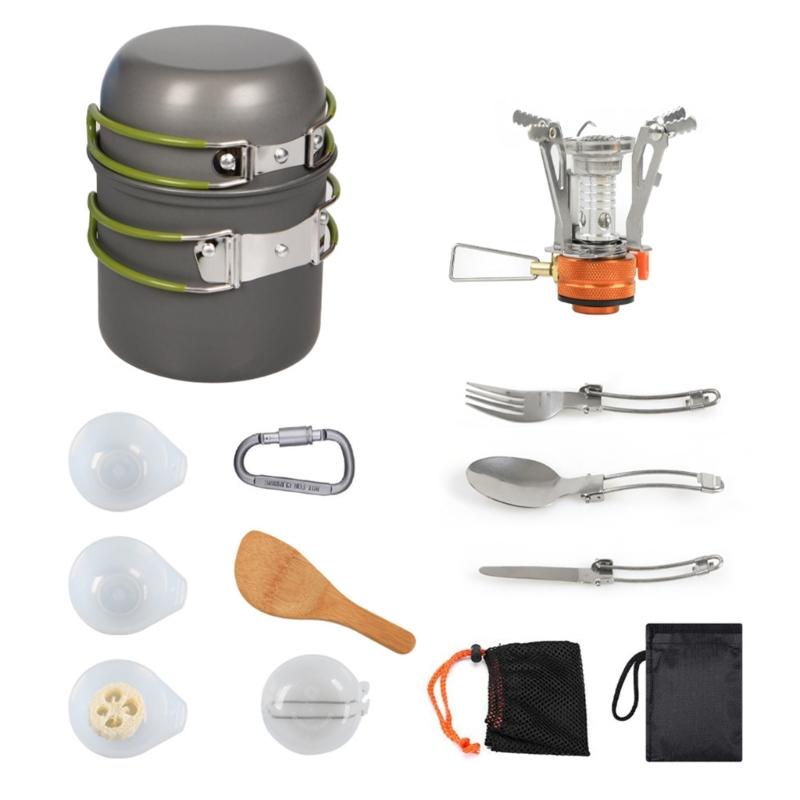 

Camping Cookware Kits Outdoor Gas Burners Stove Tourist Pots Set with Spoon Fork Cutter Outdoor Cooking Utensils зелений