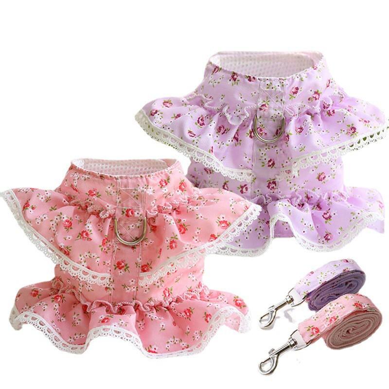 Adjustable Pet Harness With Leash Small Dogs Cats Teddy Bichon Fashion Floral Trim