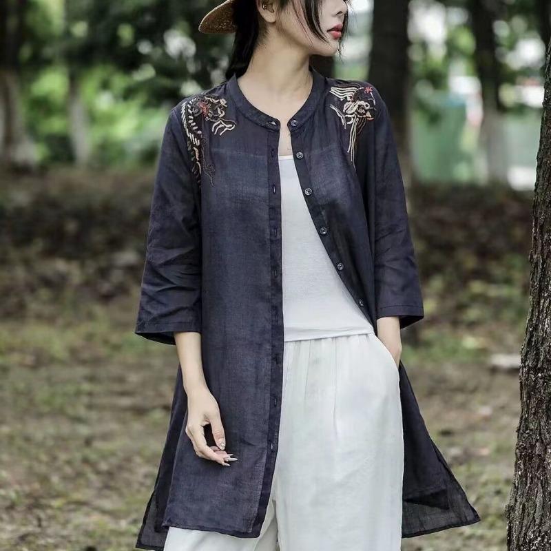 

Хлопково-льняная вышитая рубашка для женщин, весна-лето, новая, свободная, средней длины, повседневная, универсальная, удобная M темно-синий