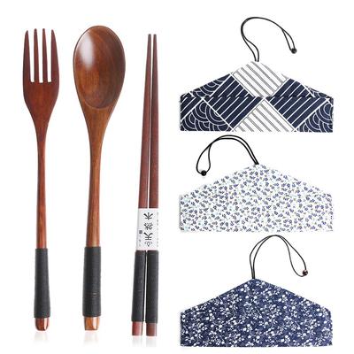 Natural Wooden Spoon Fork Chopsticks Combination Portable Travel Cloth Bag Handmade Kitchen Cutlery Set Japanese Style