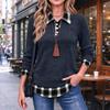 Top a Manica Lunga Spliced a Quadri con Collo a Bottone Casual da Donna per l'Uso Quotidiano