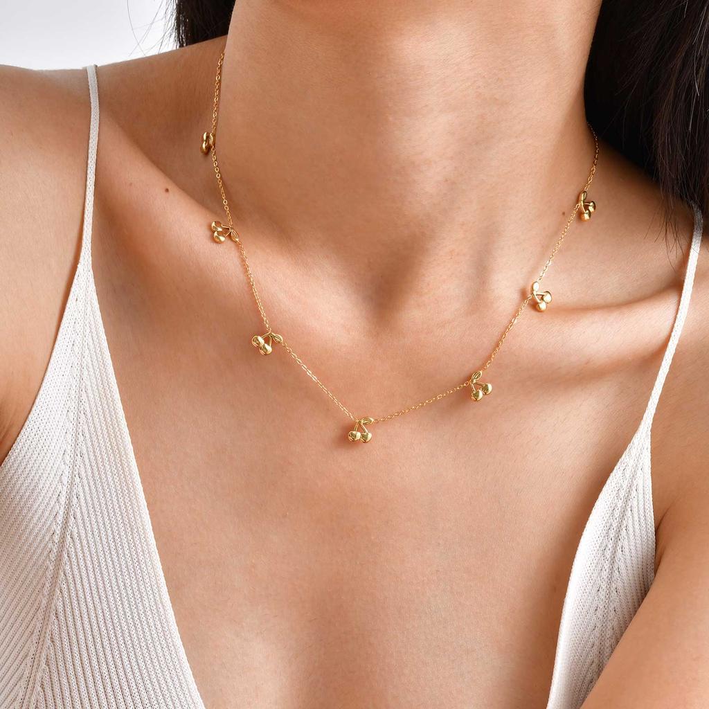 Fashion Chic Stainless Steel Cherry Chain Necklace, 18k Gold Plated Waterproof Charm Necklace, Exquisite Jewelry for Women Gift