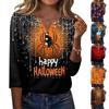 Women Casual Halloween Print V Neck Button Detail Three Quarter Sleeve T Shirt Top Suitable for Seasonal Wear and Everyday Use