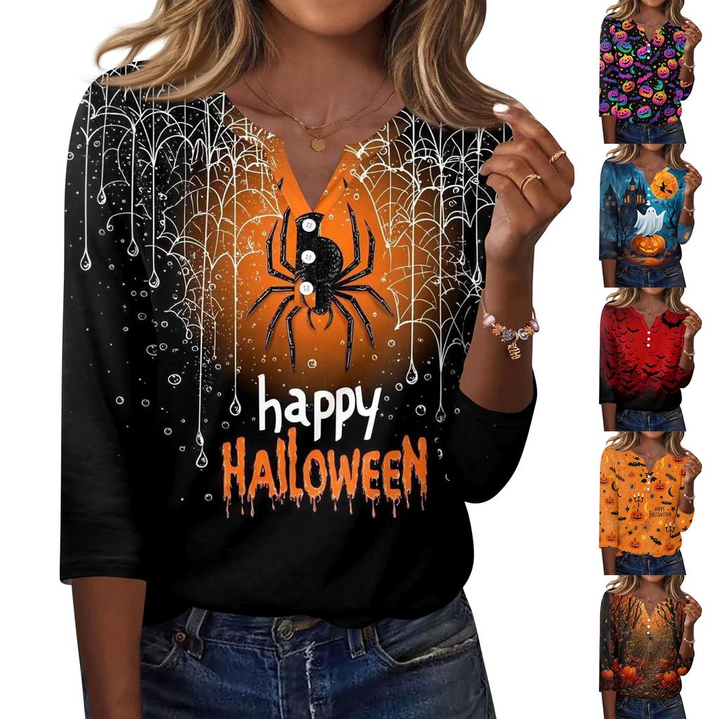 Women Casual Halloween Print V Neck Button Detail Three Quarter Sleeve T Shirt Top Suitable for Seasonal Wear and Everyday Use