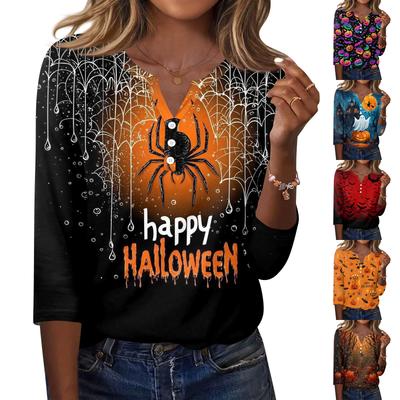 Women Casual Halloween Print V Neck Button Detail Three Quarter Sleeve T Shirt Top Suitable for Seasonal Wear and Everyday Use