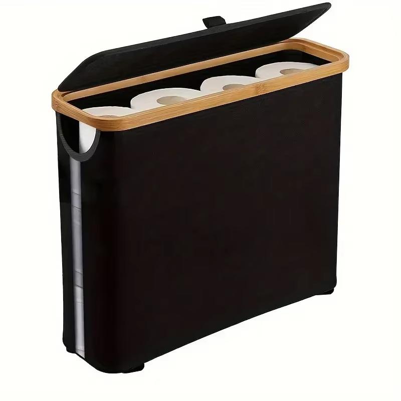 

1 Storage Basket, Storage Shelf, Large Paper Holder, 12 Rolls of Toilet Paper, Storage Rack with Lid, Oxford Cloth + Bamboo Stor чорний