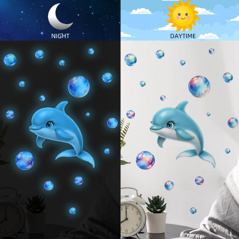 

Glow in The Dark Dolphin Wall Decals Blue Bubble Self-Adhesive Stickers for Kids Room & Bathroom Decor onesize