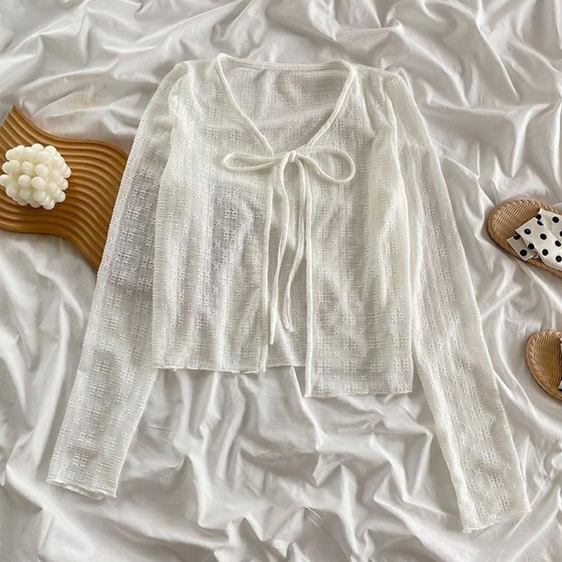 White Tie Up Summer Cardigan Women Sexy Long Sleeve Sheer Mesh Crop Tops Woman Chic All Match Short Printed T Shirt Mujer