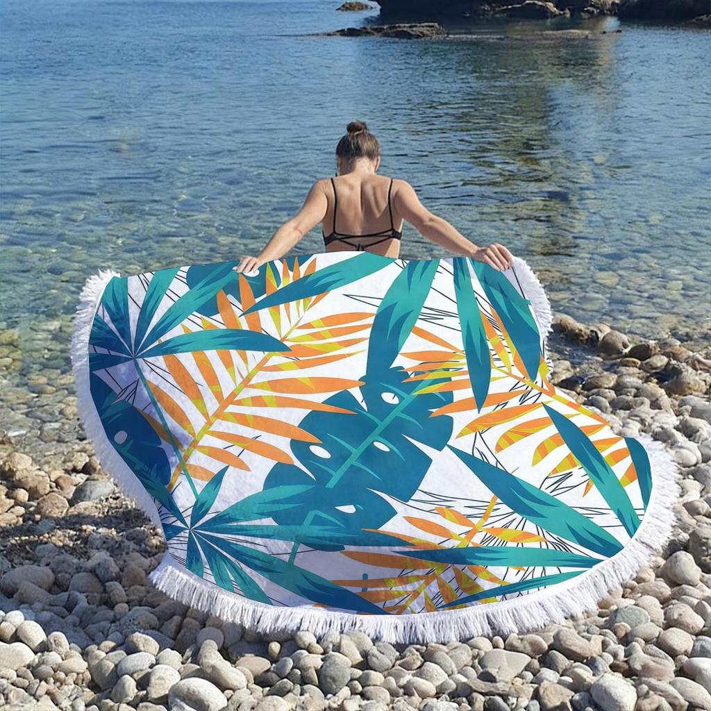 Tropical Plant Print Round Beach Towel Super Absorbent Quick Dry Microfiber Outdoor Picnic Mat Sunbathing Blanket For Travel
