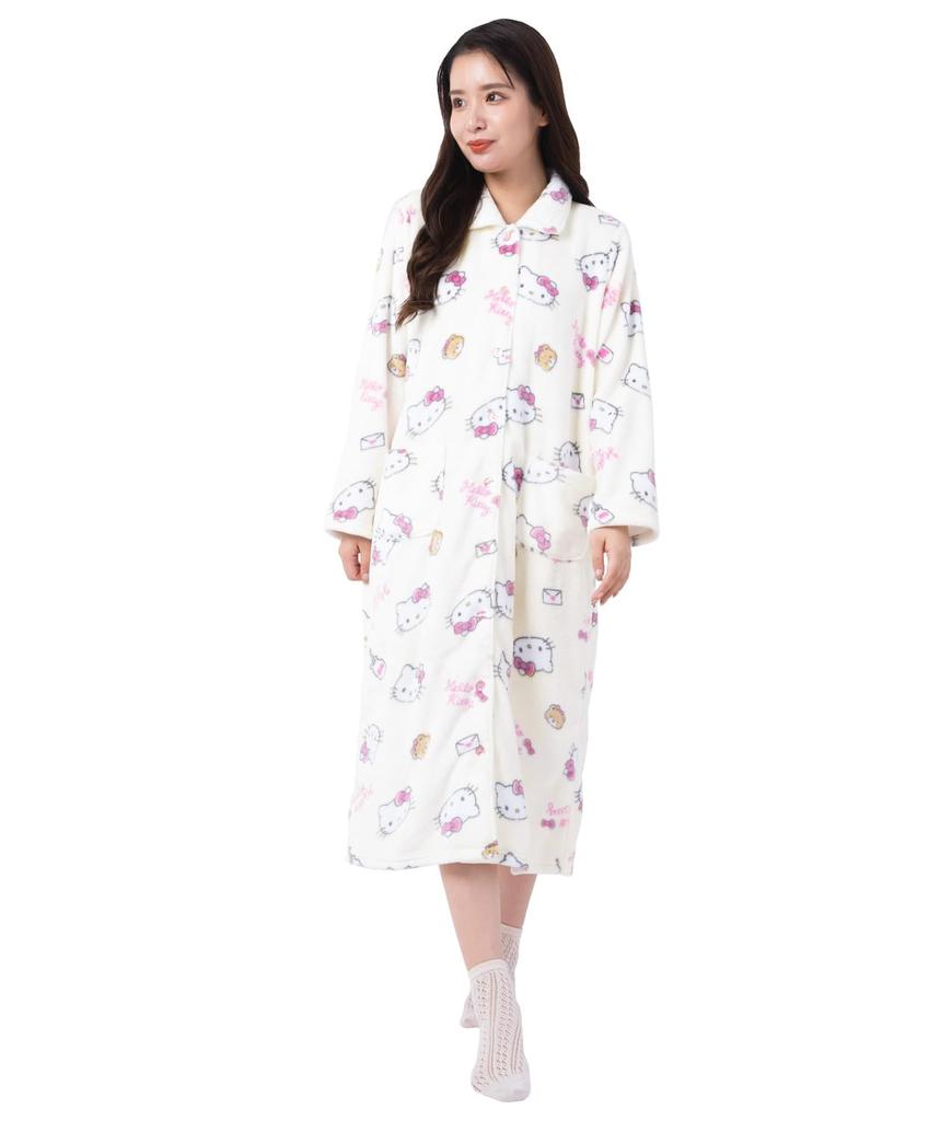 Hello Kitty Nightgown Flannel Loungewear Pink Ribbon Hello Kitty [Sazac] One-piece Women's Button-down (Ivory/ML/SAN1747)