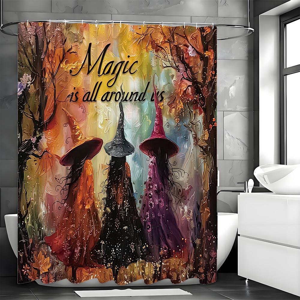 Three Witches Shower Curtain In Halloween Vintage Forest, Bathroom Decorative Shower Curtain, Waterproof Shower Curtain With Hoo W60H190(CM)-1 Pcs