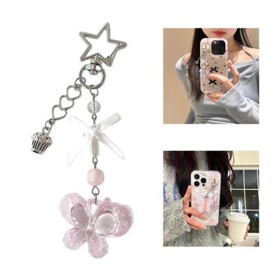 Sweet Cute Bowknot Heart Bead Keychain Pendant Lovely Phone Straps Decorations Keyring Charm for Purse Bag Backpack