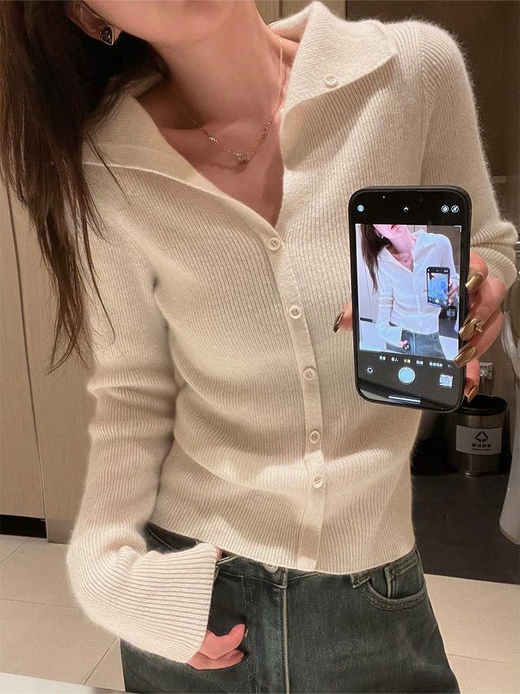 Women's French Style Red Knit Cardigan: Short, Long Sleeve, High-End Look for Spring and Autumn
